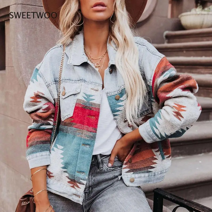 Retro Denim Jacket 2022 New Long Sleeved Lapel Loose Denim Stitching Woolen Jacket Female Aztec Vintage Denim Stitching Coat autumn new men jogger stitching sweatshirts men gyms fitness training loose printed long sleeved zipper shirt hooded jacket