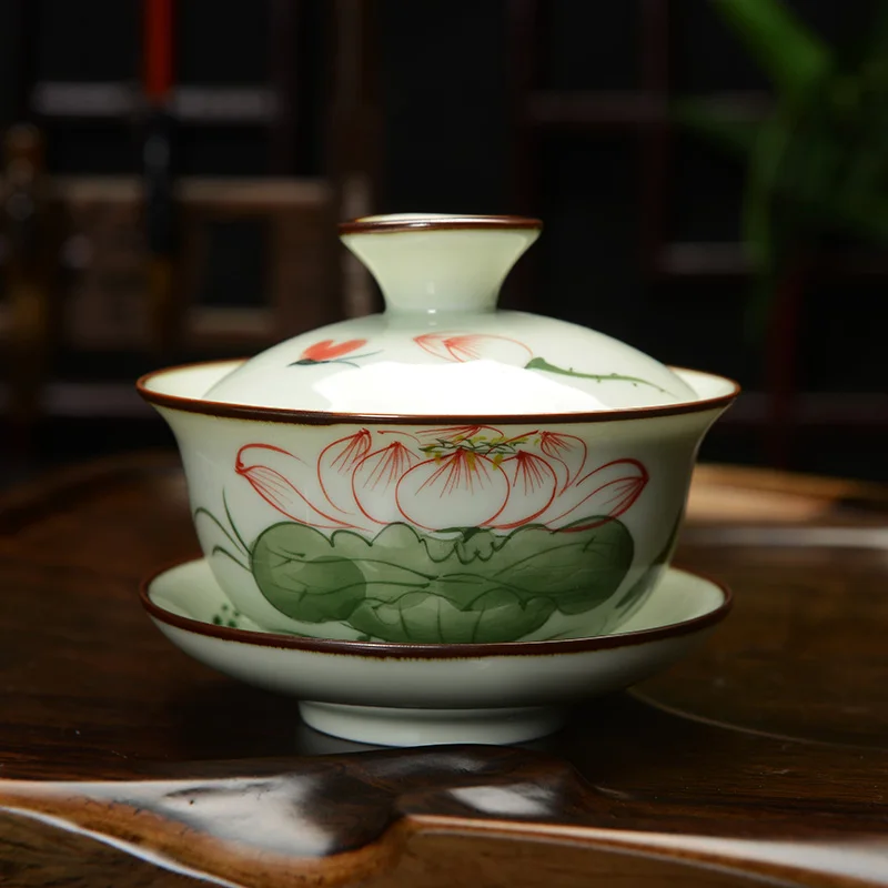 [grandness] Hand Painted Celadon Gaiwan Kung Fu Gaiwan Porcelain Gaiwan