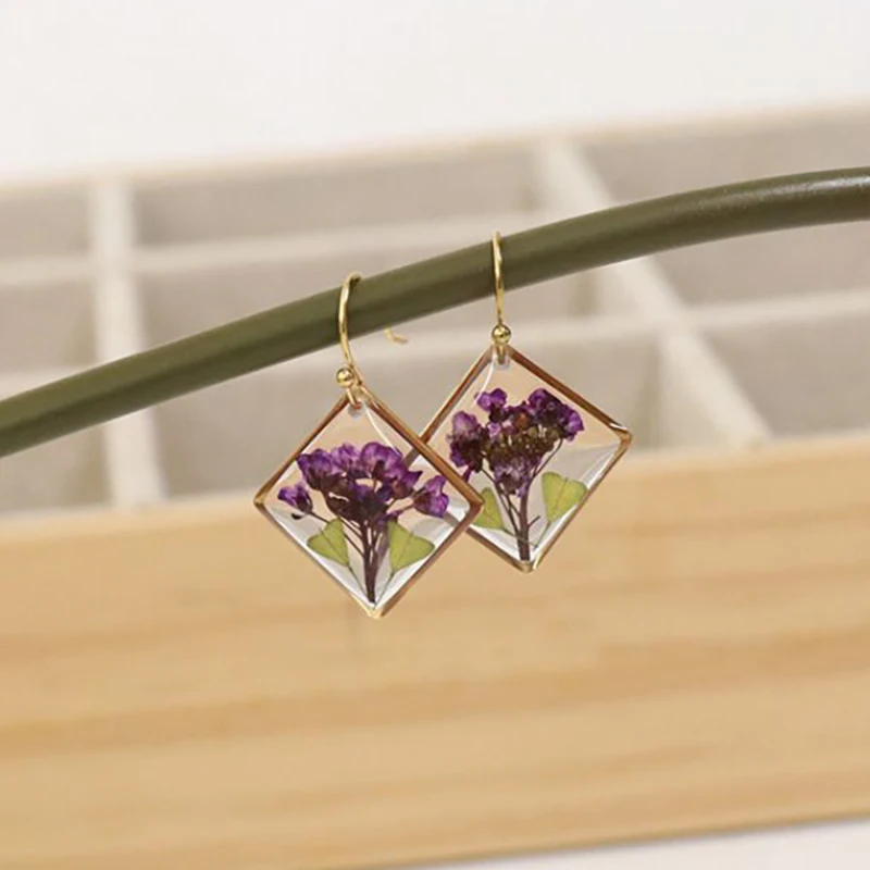 Unique Geometric Earrings With Flower Women Elegant Natural Pressed Flower Earring Statement Jewelry Wholesale Floral Earring