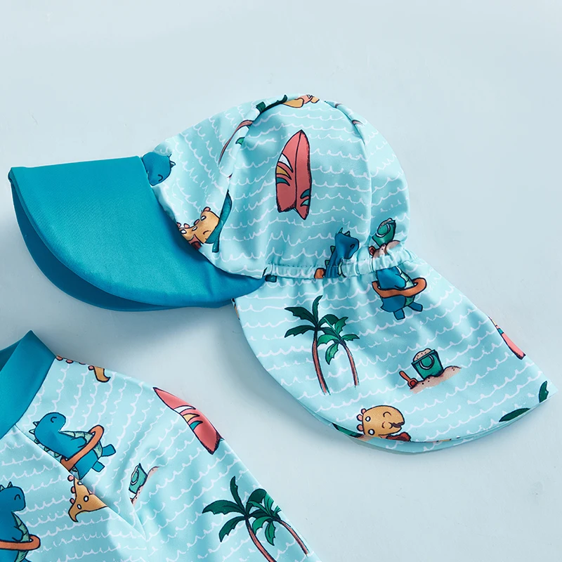 Citgeett Summer Kids Boy Swimsuits Cute Cartoon Print Long Sleeve Zipper Bathing Suit Sun Cap Clothes