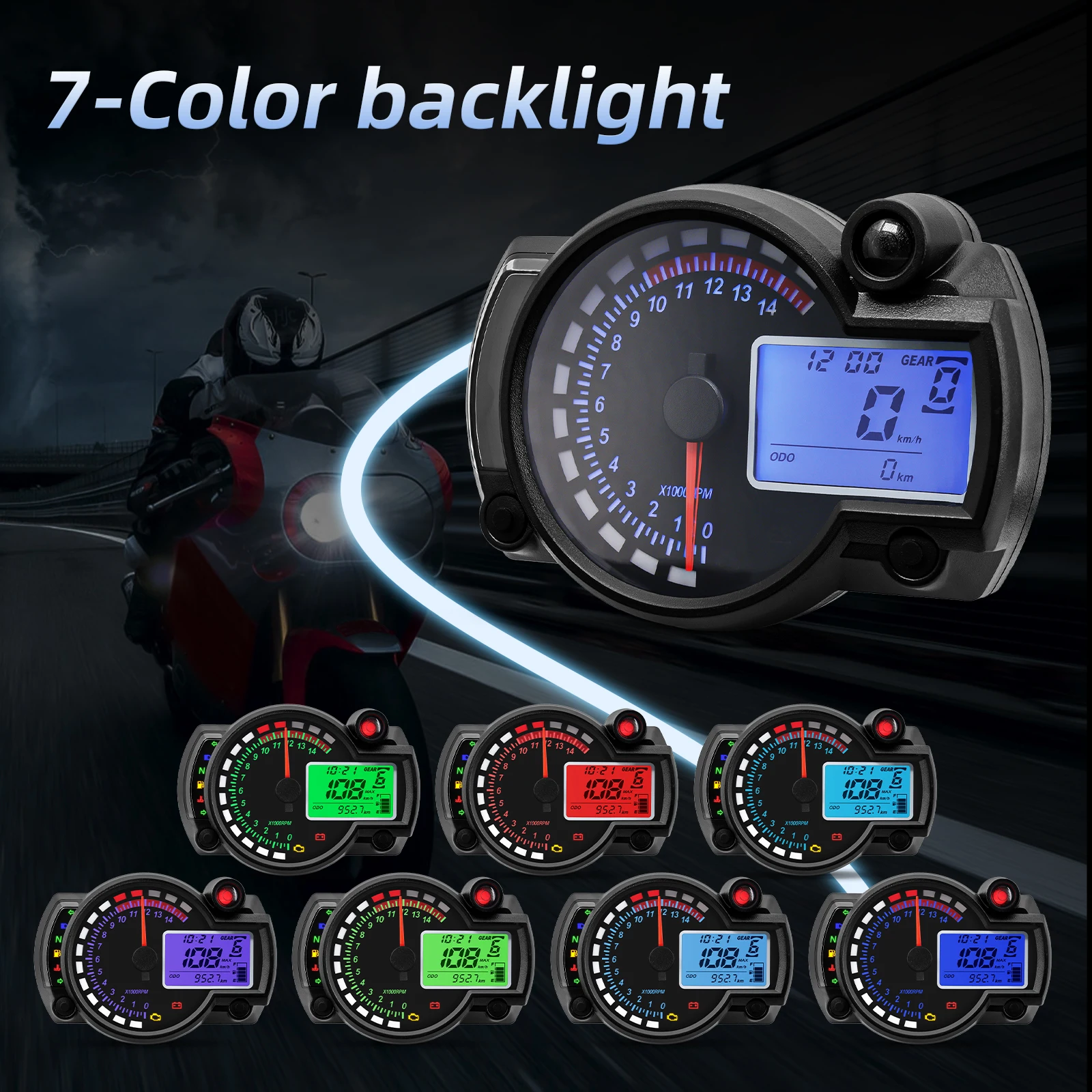 12V nuovo tachimetro contachilometri moto digitale LCD universale 7 colori  tachimetro cruscotto misuratore carburante regolabile MAX 299 KM/H