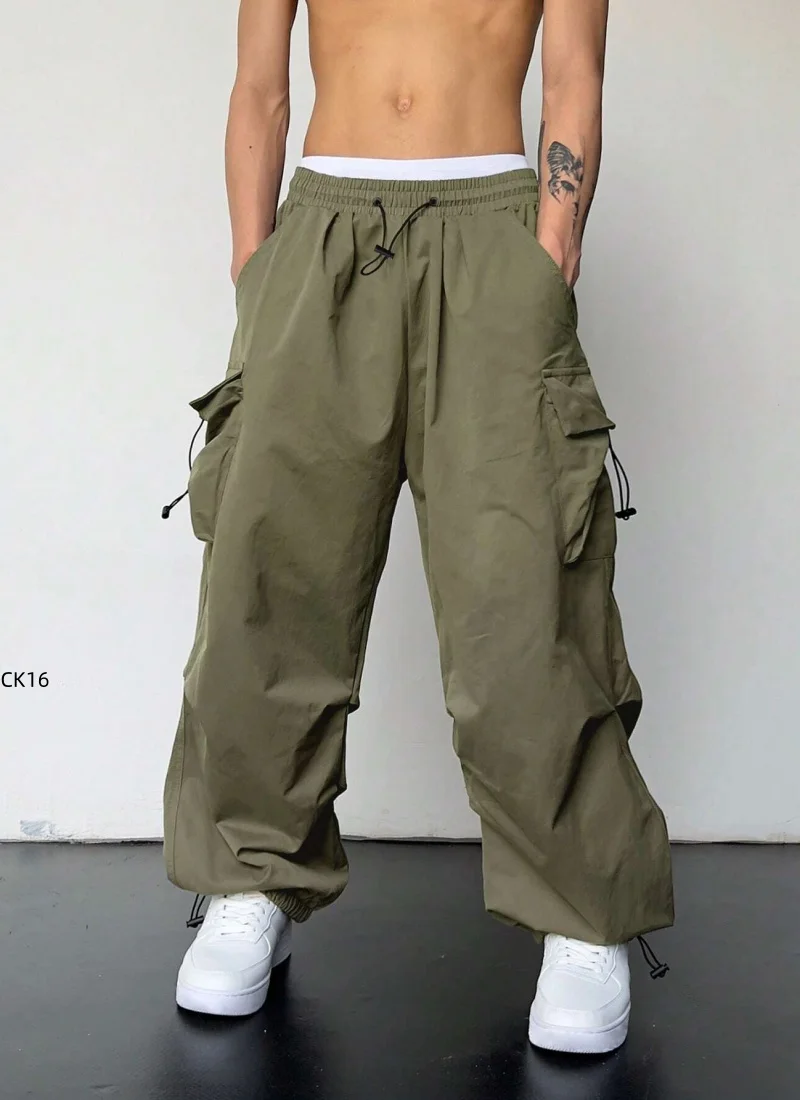 Men's casual workwear, fashionable streetwear, classic men's straight leg wide leg pants, drawstring workwear, fashionable loose