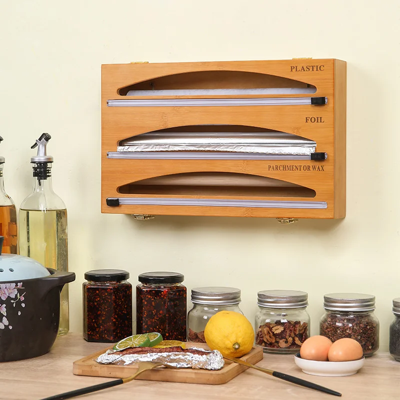 New 3 IN 1 Plastic Wrap Dispenser with Cutter Food Wrap Cling Film Storage Organizer Acrylic Foil Organizer for Kitchen Drawer