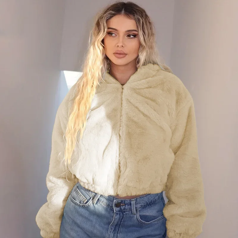 Autumn Winter Fashion Cardigan Zipper Hooded Plush Long Sleeve Top for Women