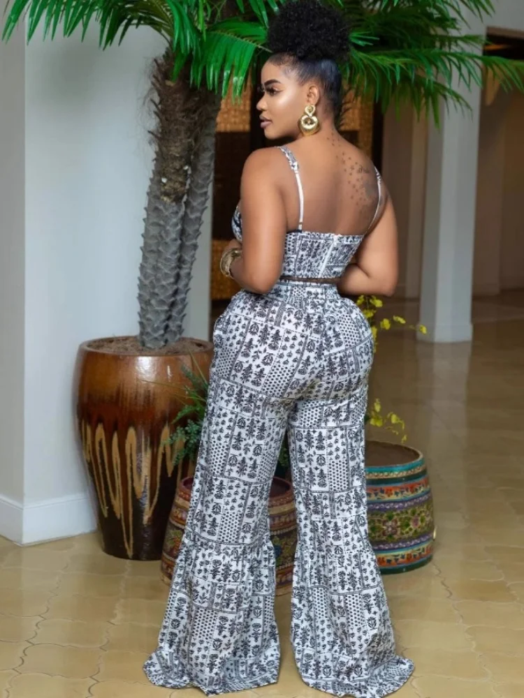 Wmstar Two Piece Sets Women Wholesale Fashion Black and White Printed Strap Top High Waist Flared Trousers Matching Suit