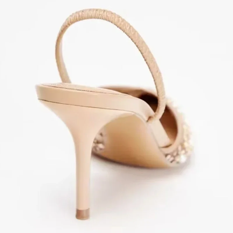 Women Mesh String Bead High Heels Sandals Bling Sexy Pointy Toe Mules Slippers Luxury Designer Slingbacks Dress Shoe Pumps