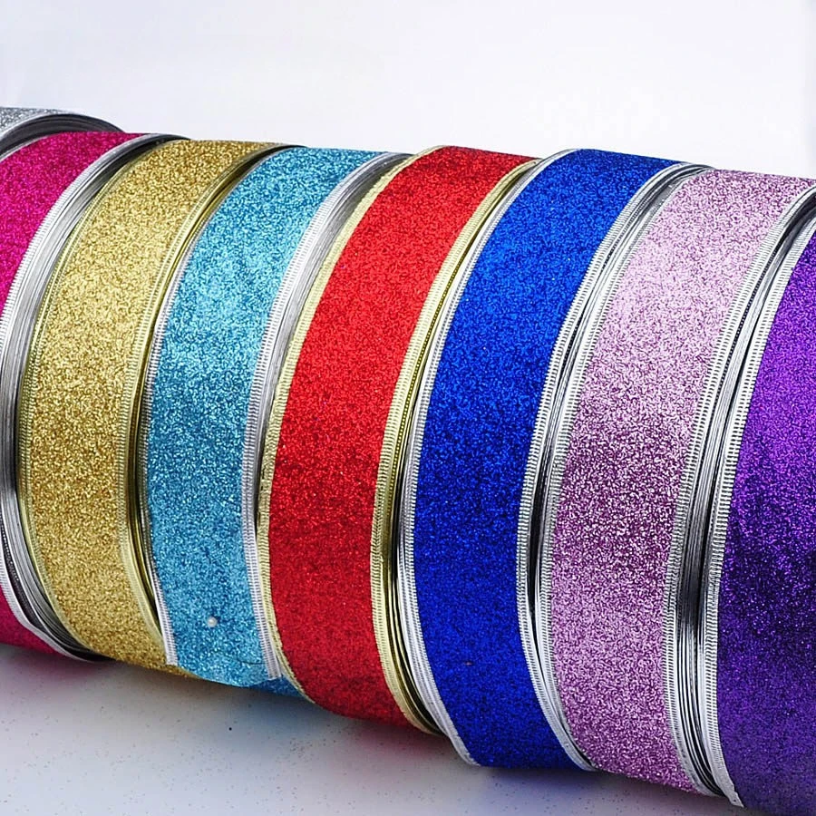 200cmX6.3cm Glitter Decorative Ribbons Red Silver Gold Ribbon With Iron Wire Christmas Decoration Ribbons for Crafts Bows