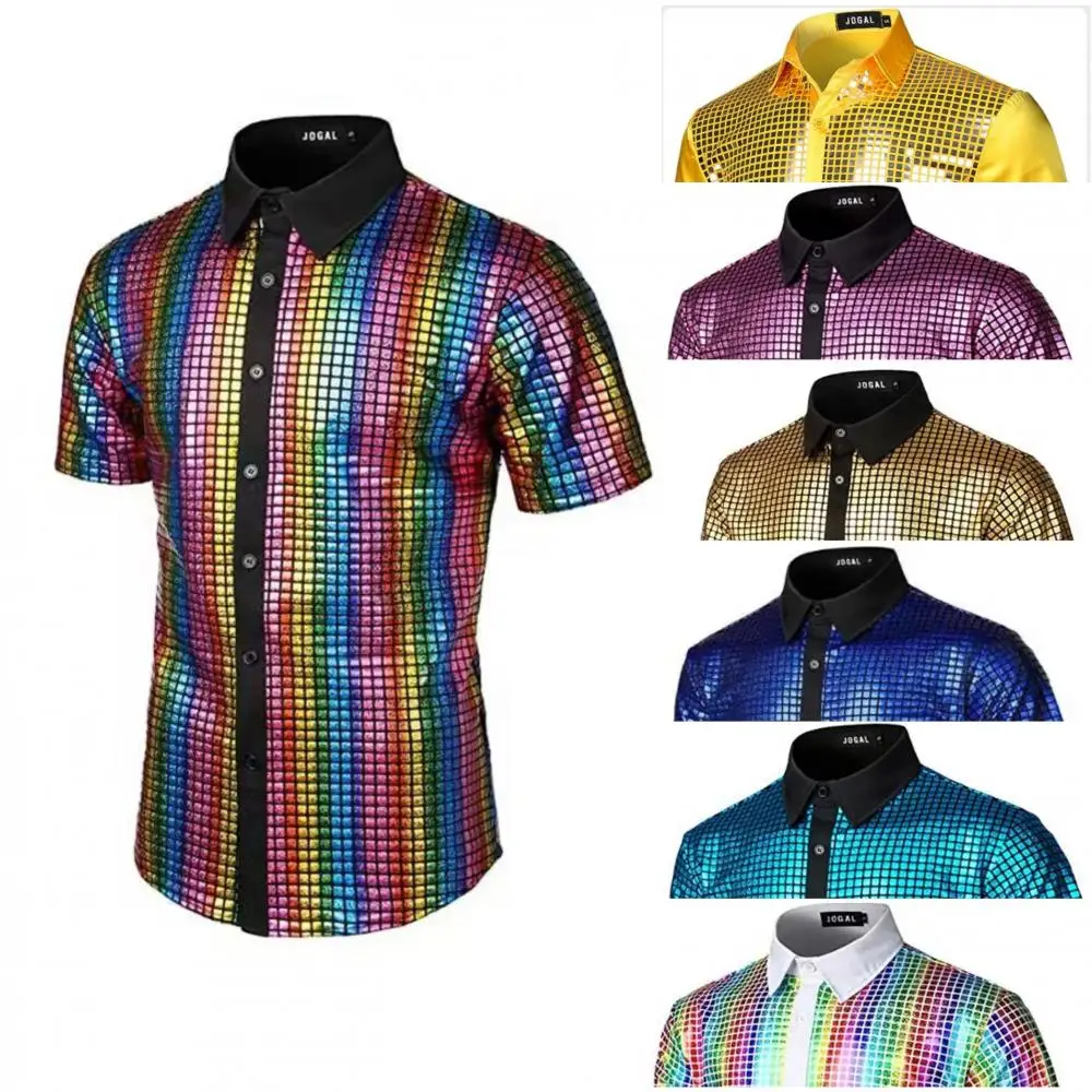 

Men's Shiny Shirts 70S Disco Solid Sequins Short Sleeve Up Shirt Nightclub Prom Vinatge Casual Sparkly Button Shirt with Male