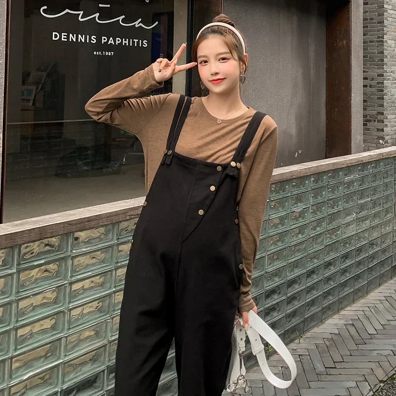 

Autumn Korean Fashion Maternity Bib Pants Black Loose Jumpsuits Clothes for Pregnant Women Pregnancy Overalls T Shirt Sets