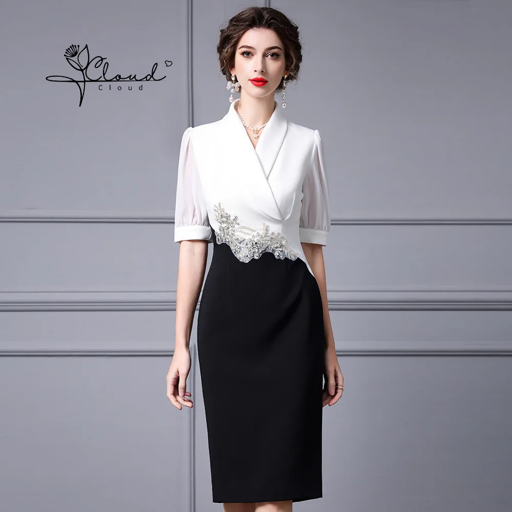 

Zhili Black And White Splicing Fake Two-piece Buttocks Skirt, Light Luxury Commuting TemperamenT, Nail Bead Suit Dress,