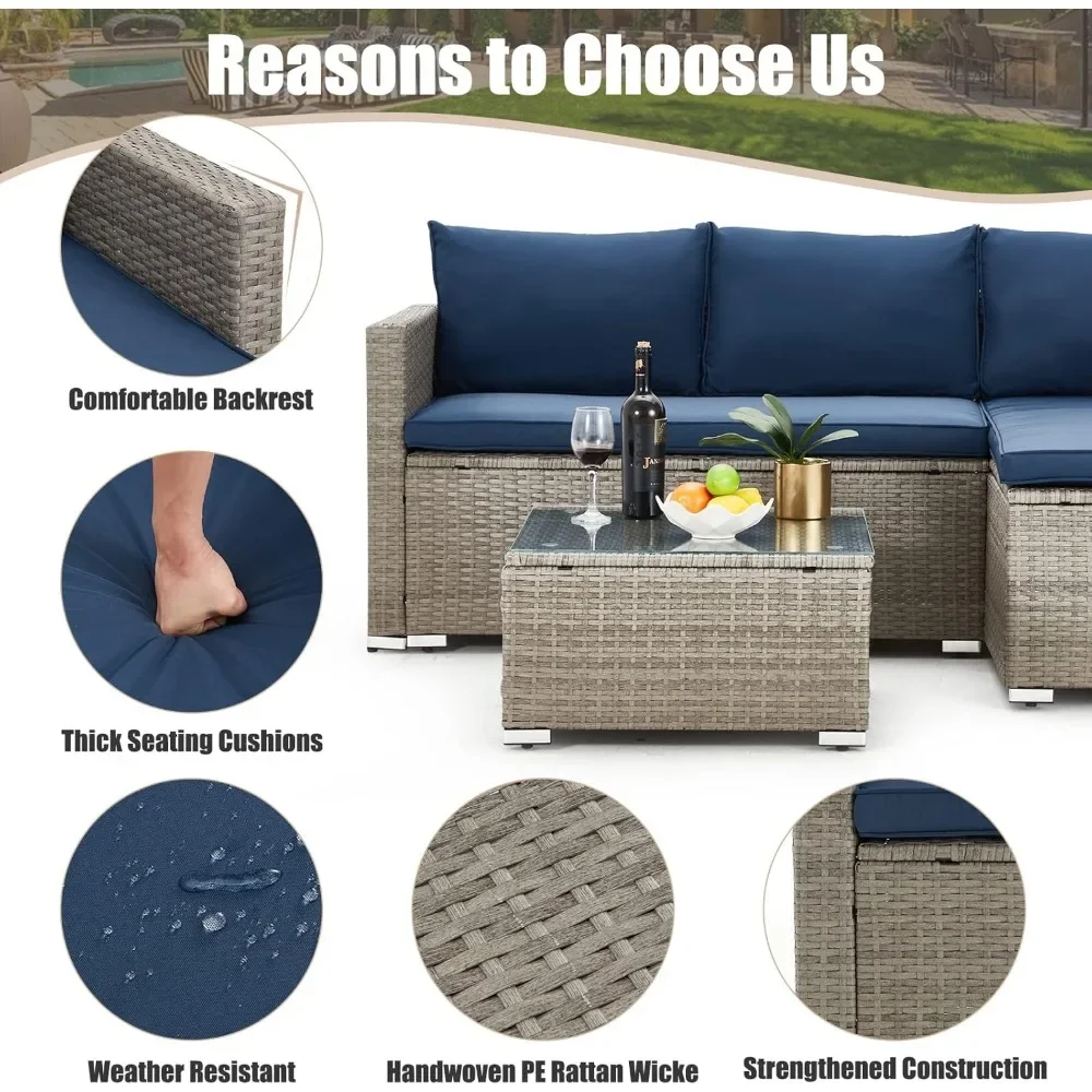 Outdoor Patio Furniture Sets, All-Weather Sectional Sofa with Tempered Glass Table, 3 Pieces Patio Wicker Couch for Garden 4