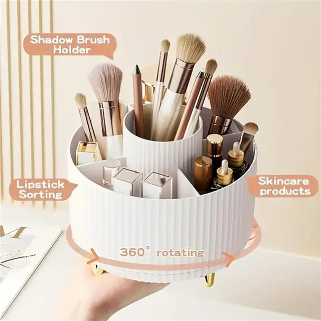360 °   Organisateur de maquillage rotatif – 1 rangement de cosmétiques en plastique avec 5 compartiments – Support multifonctionnel pour pinceaux 3