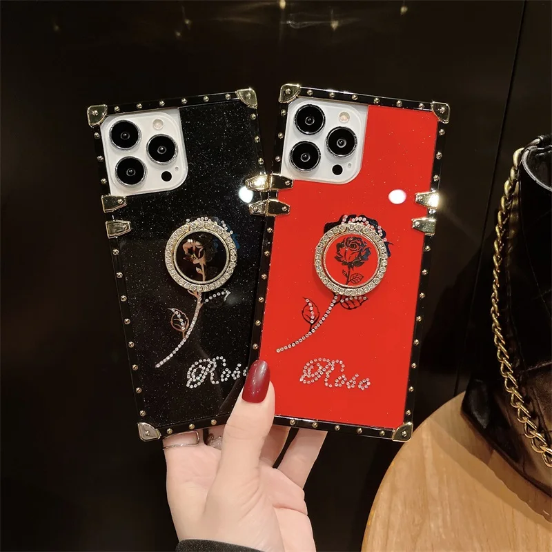 

Luxury Glitter Rose Flowers Square Phone Case For IPhone 13 12 11 Pro XS Max XR X 6 7 8 Plus Shiny Diamond Ring Stand Soft Cover