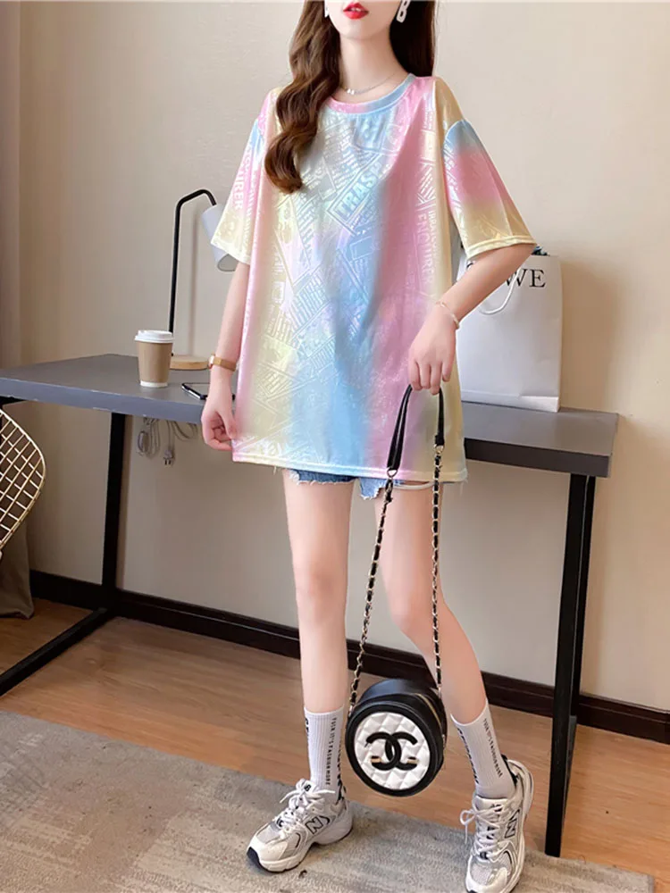 

Women Summer T-Shirts Korean Version Round Neck Loose Fitting European Large Version Shiny Tie Dyed T-shirt Fashion Trend D3640