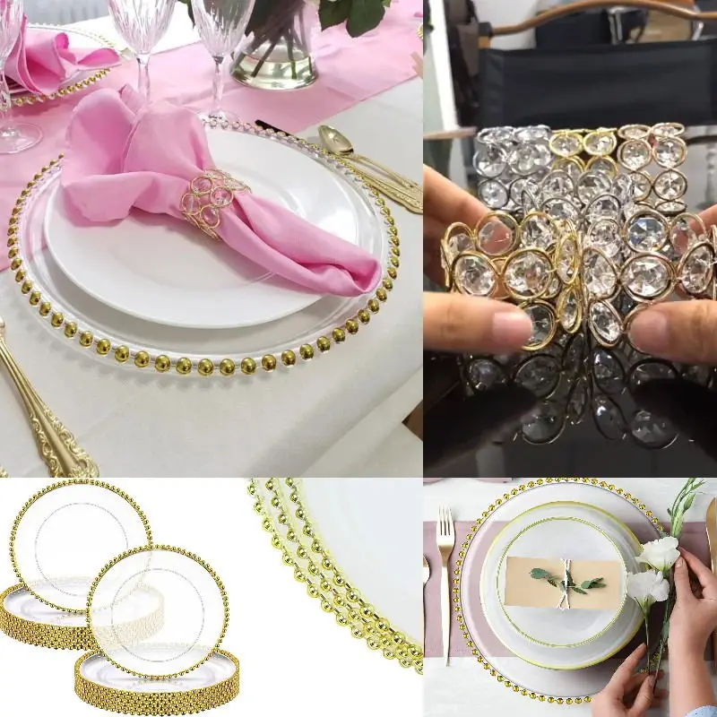 

100PCS Clear Plastic ChargerPlate With Different Beads Rim Fruit Snack Tray Wedding Banquet Home Feast Buffet Napkin Ring Plate