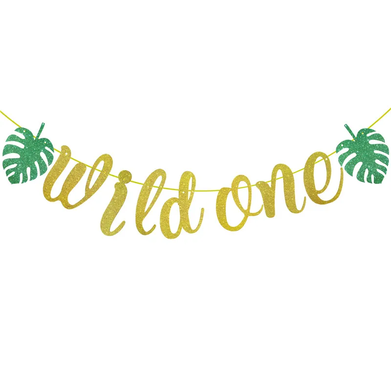 1Set Leaves Wild One Banner Kids 1st Birthday Party Decor Baby Shower Boy Girl 1 Year Bunting Garland Jungle Theme Party Supplie