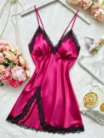 Robe de nuit élégante pour femme, en dentelle, col en V, patchwork, robe licou unie tendance, pyjama fin et respirant, vêtements de détente en satin pour femme 1
