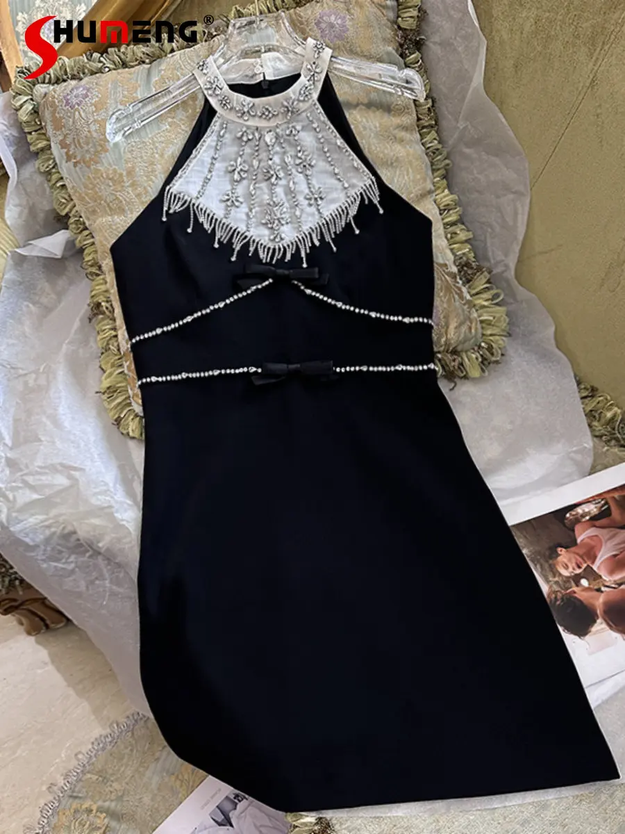 

2023 Summer Sleeveless Slim Fit Sexy Black Dress for Women Sexy Halter Rhinestone Tassel Off-Shoulder Design Bodycon Mini Dress