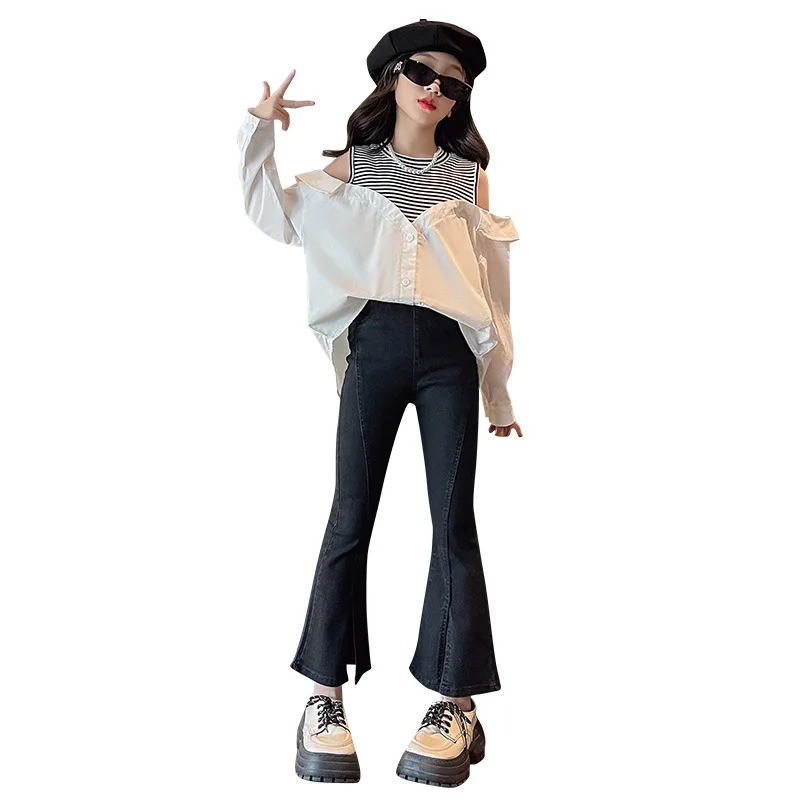 

Spring Fashion Set for Girl Striped Patchwork Fake Two Pieces Off-the-shoulder Shirt + Flared Pant 2pcs Casual Outfit Set 4-14 Y
