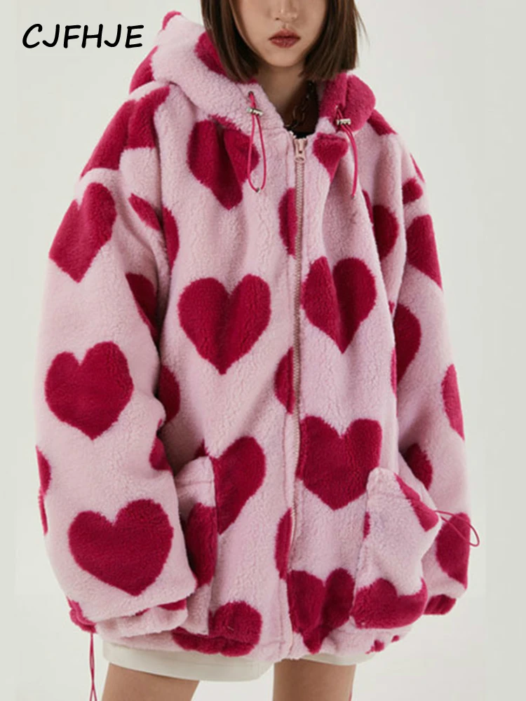 

CJFHJE Harajuku Heart Full Print Plush Jacket Women's Spring Korean Fashion Loose Long Sleeve Hooded Cotton Coat Thick Warm