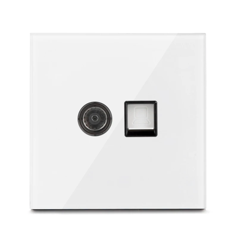 Rewnssin Light Switches and Sockets All Series Glass White Modern Style Random Click Push Button ON OFF EU Outlet Cat5e Socket double light switch Wall Switches