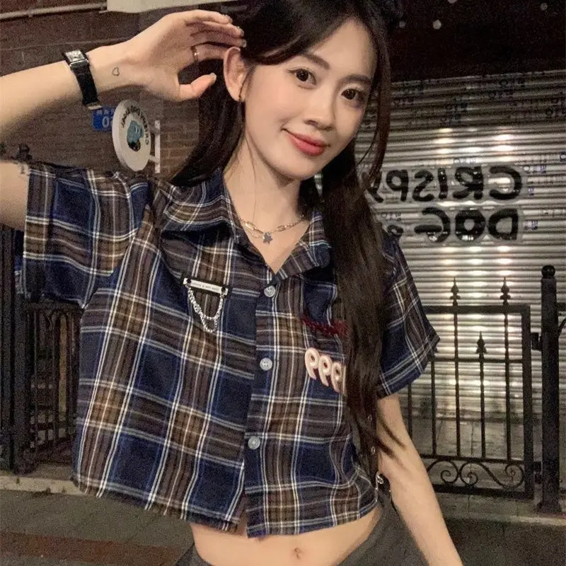 EBAIHUI American Vintage Preppy Style Plaid Shirt 2024 Summer New Versatile Women Blouse Fashion Embroidered Lapel Short Blusas