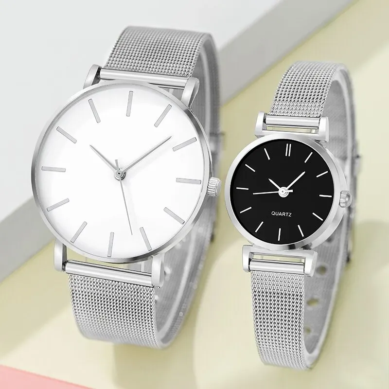 Quartz Watch 2pcs Stainless Steel For Women Men Leisure Fashion Golden Ladies Clock Wristwatch