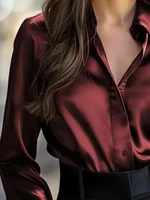 Elegant  Satin Long Sleeve Blouse for Women   Button-Up Collar Shirt Perfect for Casual or Professional Wear - Image 2