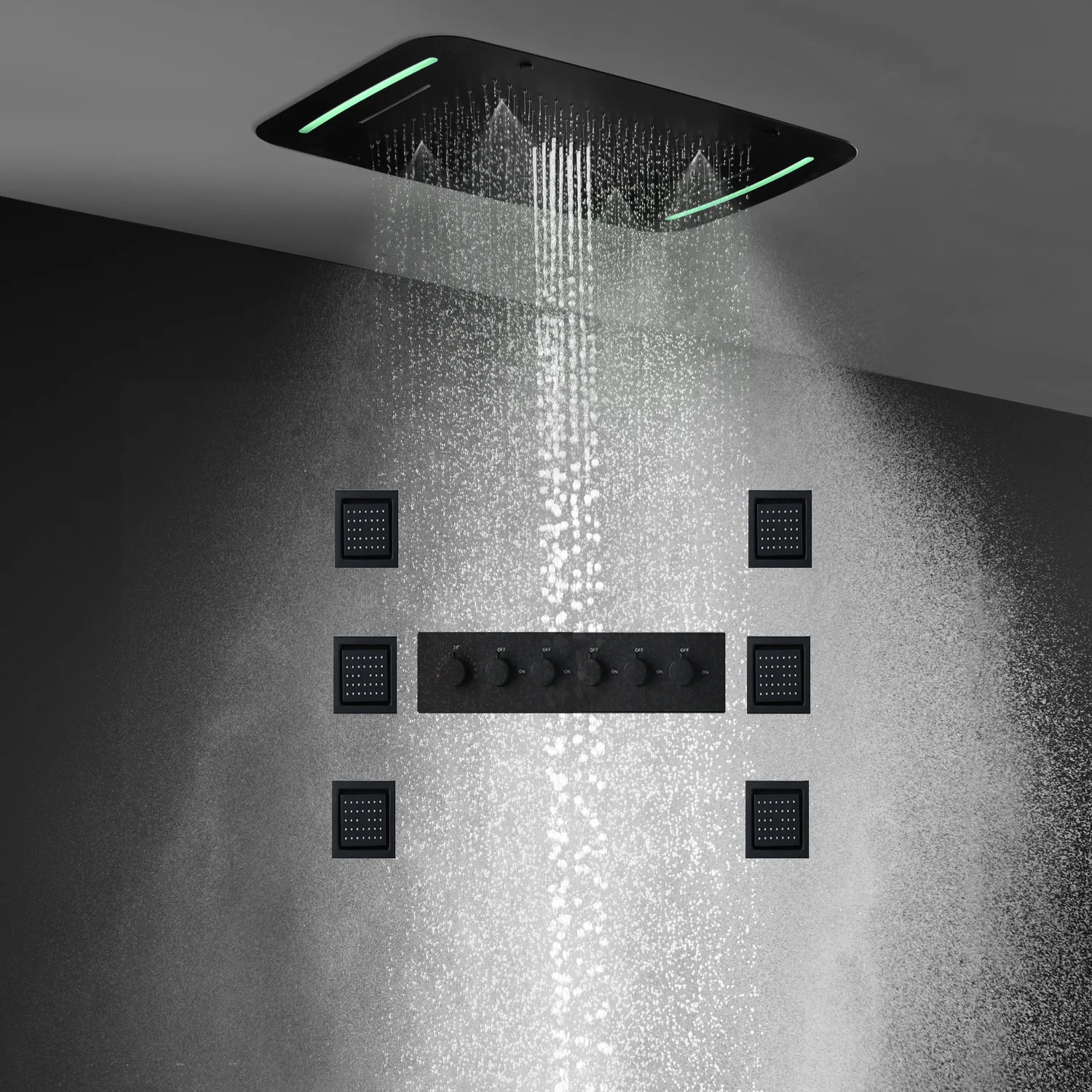 Bathroom Accessories Ceiling Black Shower Set LED Rain Showerheads System 5functions Thermostatic Valve Faucets Massage Body Jet