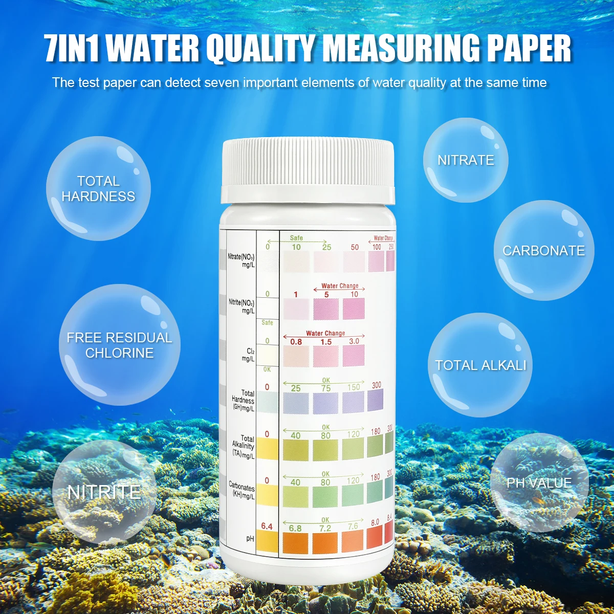 100pcs 7-IN-1 Aquarium Test Strips Fish Tank Test Kit Freshwater Saltwater Aquarium Water to Detect PH NO3 NO2 GH KH CI TCL