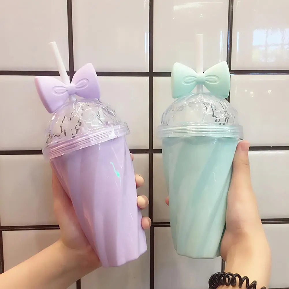 380ml Straw Water Bottle for Grils Water Cup Bowknot Decor Plastic Straw Cup Drinking Bottle botella de agua бутылка для воды