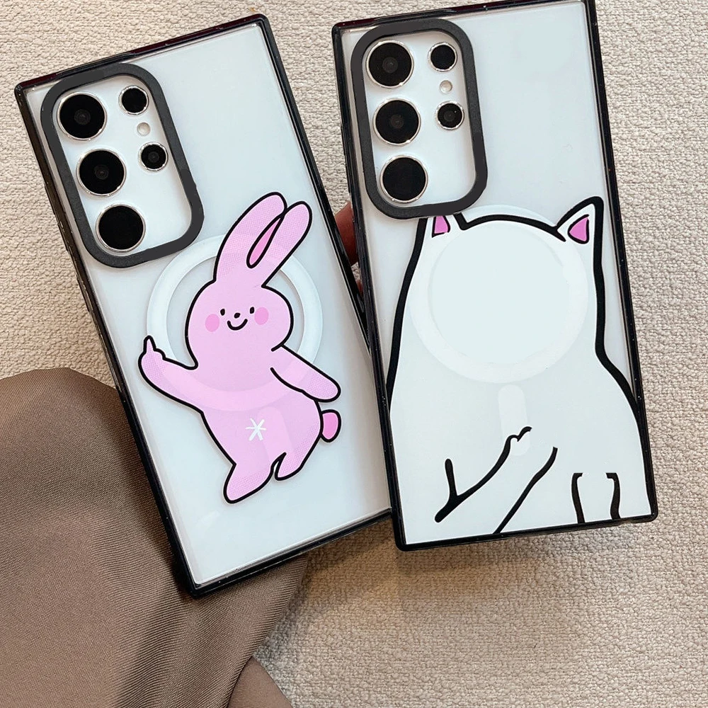 

Spoof Rabbit MagSafe Acrylic Black Border Magnetic Phone Case for Samsung Galaxy S22U S23 Ultra S24 Ultra Cover Protective Shell