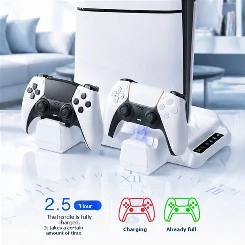 PS5 슬림/PS5 프로용 쿨링 스탠드(헤드폰 걸이 포함) LED 컨트롤러 충전 스테이션 3단계 냉각 팬 W
