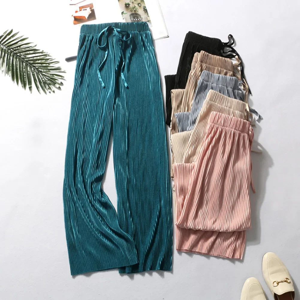 Women's Pleated Loose Ice Silk Korean Casual Cropped Pants Wide Leg Trouse Home Classic Sports Wear