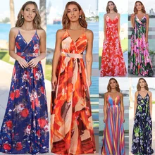 

Women's Summer Maxi Dress Sexy Deep V Strapless Floral Print Beach Dresses 2022 New Sleeveless High Waist Casual Long Dresses