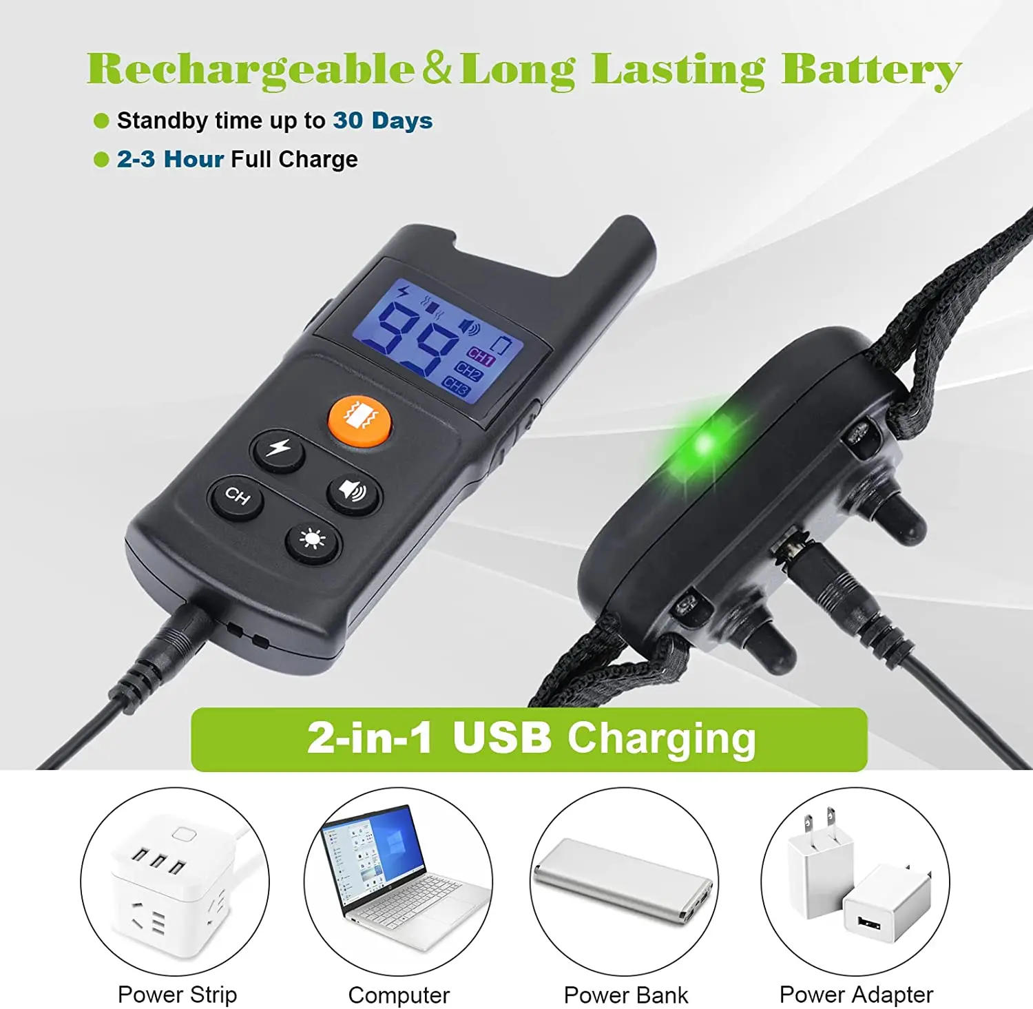 A 2-in-1 USB charging cable shown simultaneously charging the remote and the collar receiver. Icons show it can be charged via power strip, computer, power bank, or adapter. Text states a 2-3 hour full charge provides up to 30 days of standby time.