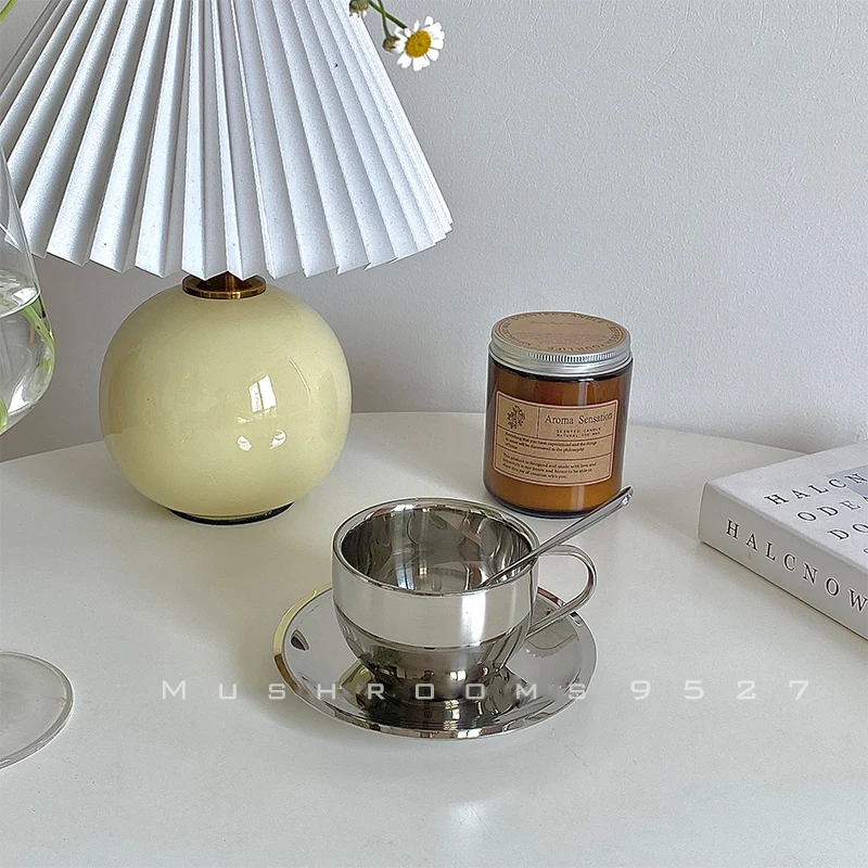 Korean Style Niche Coffee Cup and Saucer Set Retro Stainless Steel Coffee Cup Small Posing Vlog Afternoon Tea stainless steel cup coffee cup stainless steel cups coffee stirring cup stainless steel mug