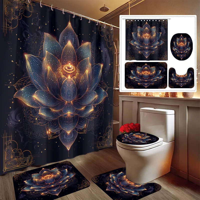 ชุดผ้าม่านอาบน้ำลายดอกไม้ 4 ชิ้น ประกอบด้วยพรมเช็ดเท้า ผ้าคลุมฝาชักโครก พรมกันลื่น และตะขอพลาสติก 12 ตัว - อุปกรณ์ห้องน้ำ 1