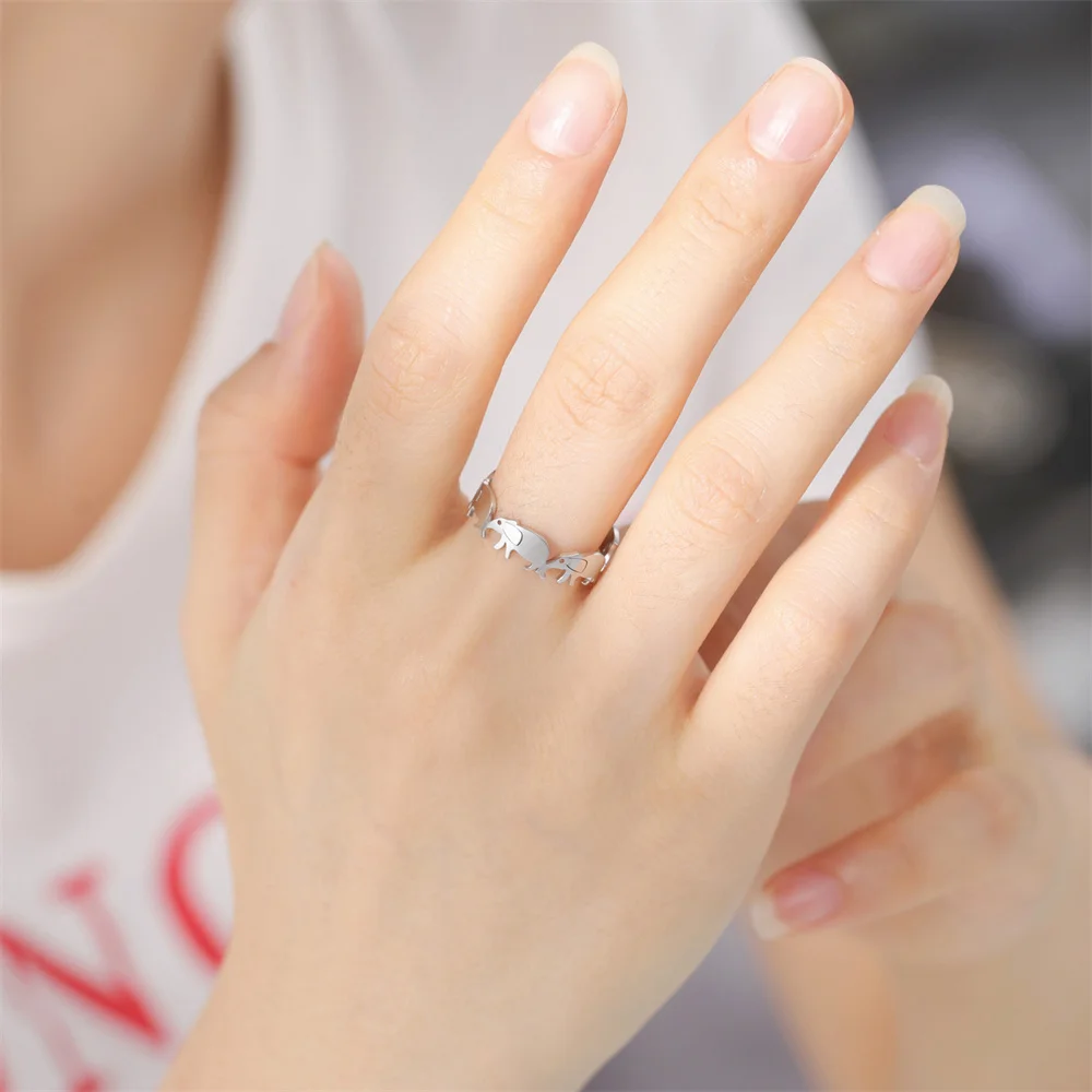 Baby Elephant Head-Tail Cycle Ring Open Adjustable Stainless Steel women men Elegant Ring Birthday Wedding Jewelry gifts 5