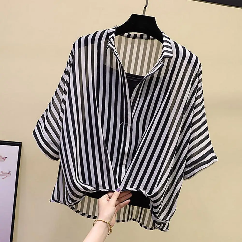 

Ladies Summer Two Piece Set V-neck Batwing Sleeves Thin Pullover See-through Blouses Striped Print Lady Shirt Camisole Sets