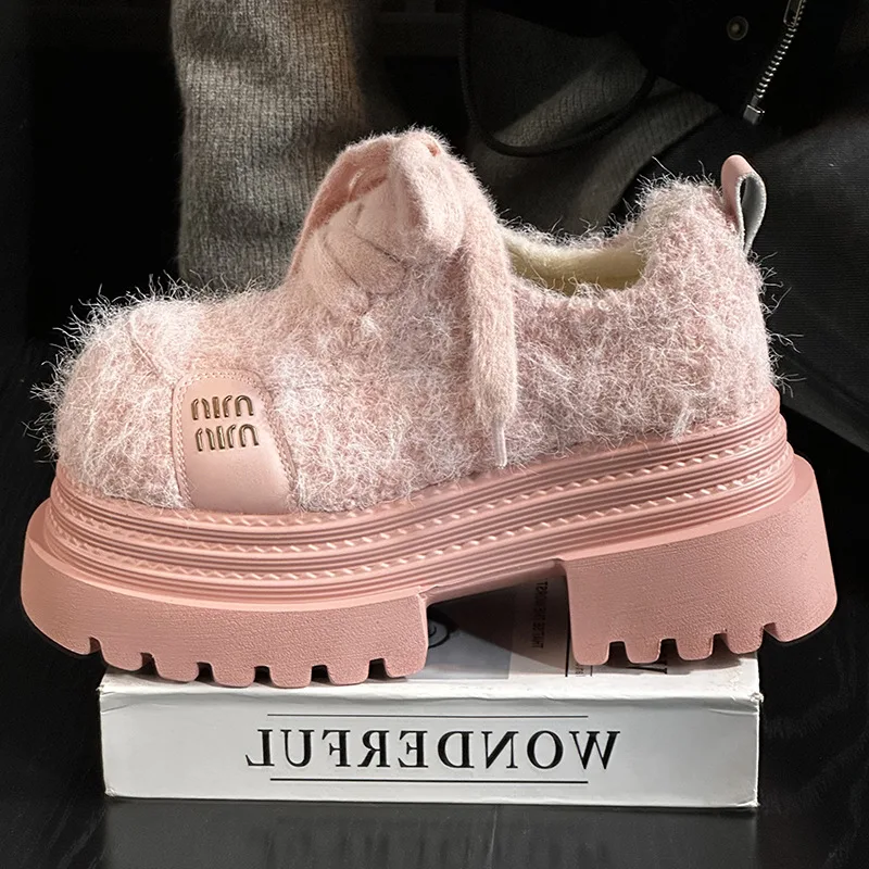 Женская обувь в стиле ретро с большой головой, модные зимние зимние ботинки для женщин, теплая женская обувь на меховой платформе со шнуровкой, 2025 г.