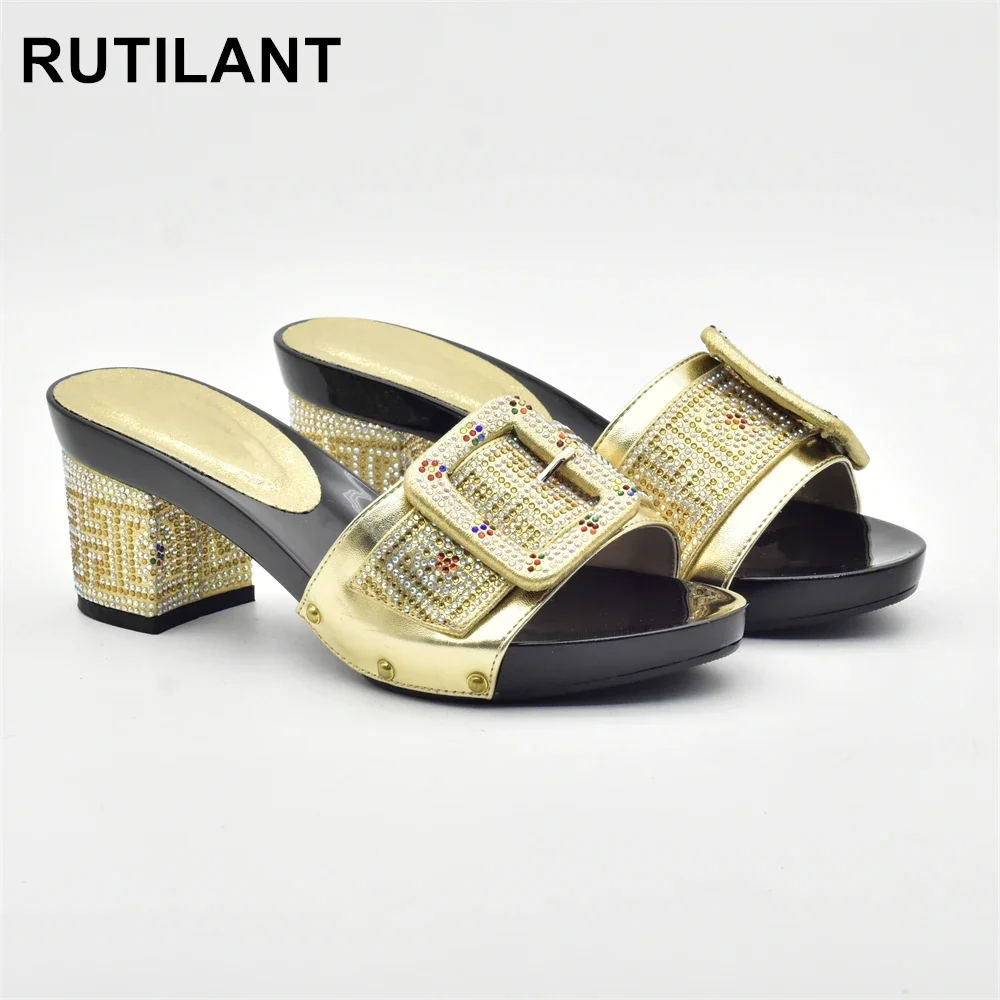 

Latest Gold Color Africa Nigeria for Women's Wedding Shoes Italian Woman Shoes Sets for Parties Slip on Rhienstone Party Shoes