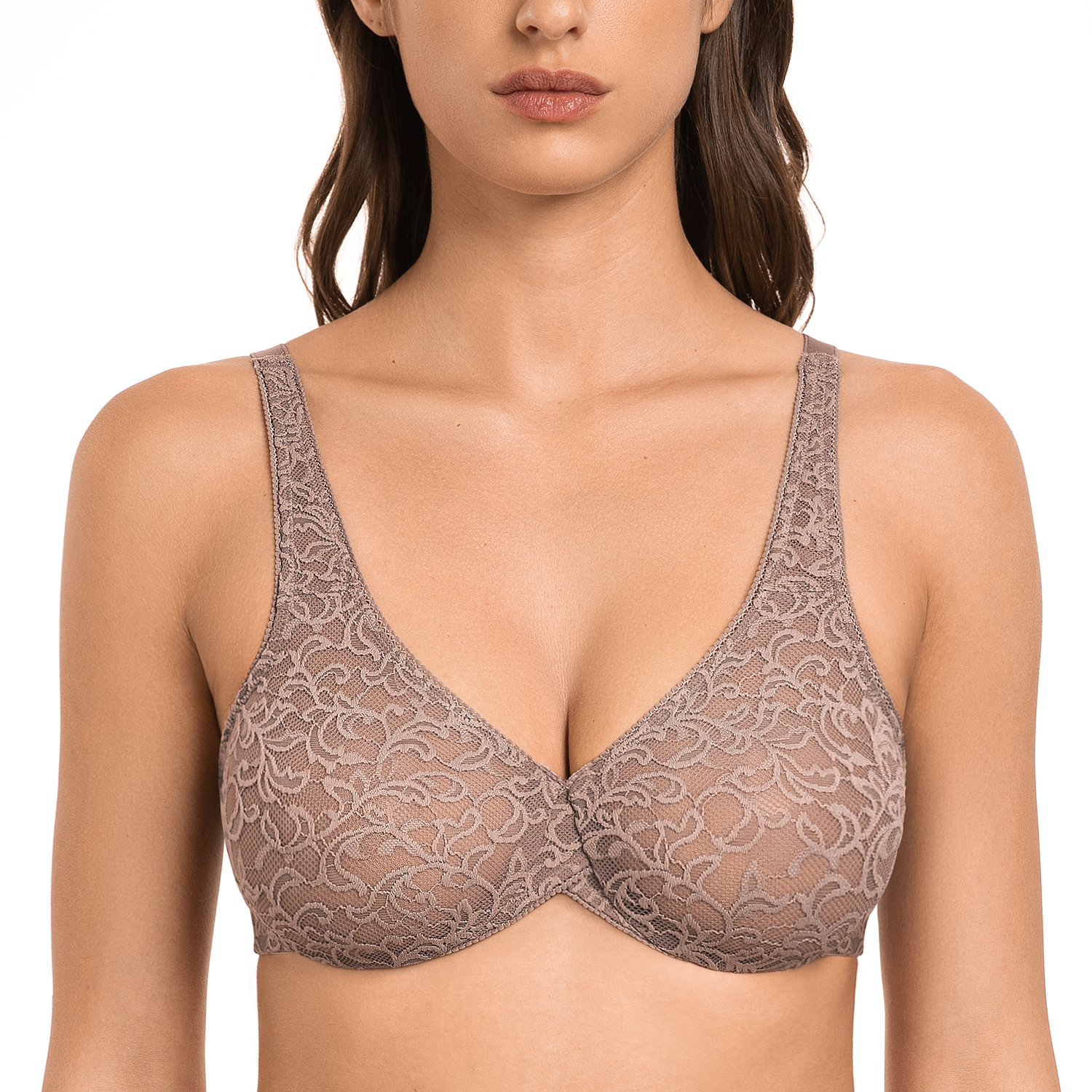 Wingslove Women's Jacquard Mesh Lace Bra Sexy Sheer Lace Non-Padded Bras 3/4 Cup Underwire Lingeries Elegant Everyday Underwear