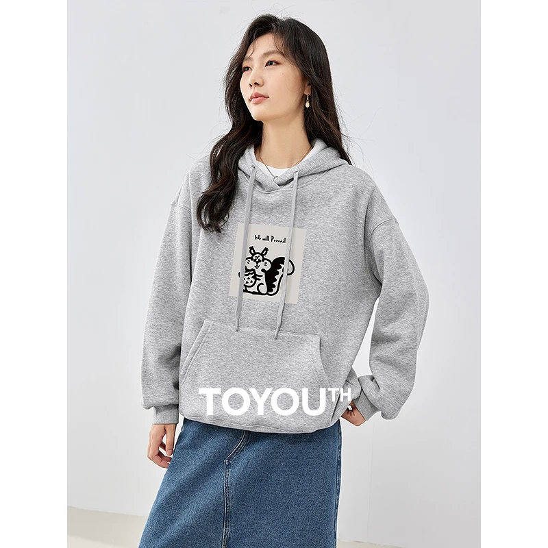 

Toyouth Women Plush Hoodies 2023 Winter Long Sleeve Loose Hooded Sweatshirt Squirrel Print Casual Cute Versatile Warm Pullover