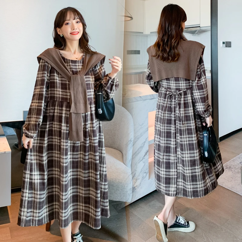 2023 spring new maternity plaid dress suits knitted shawl+long sleeve plaid dresses twinset plus size pregnant woman clothes set