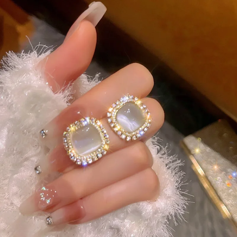 Big Opal Square CZ Crystal Stud Earrings for Women Sweet