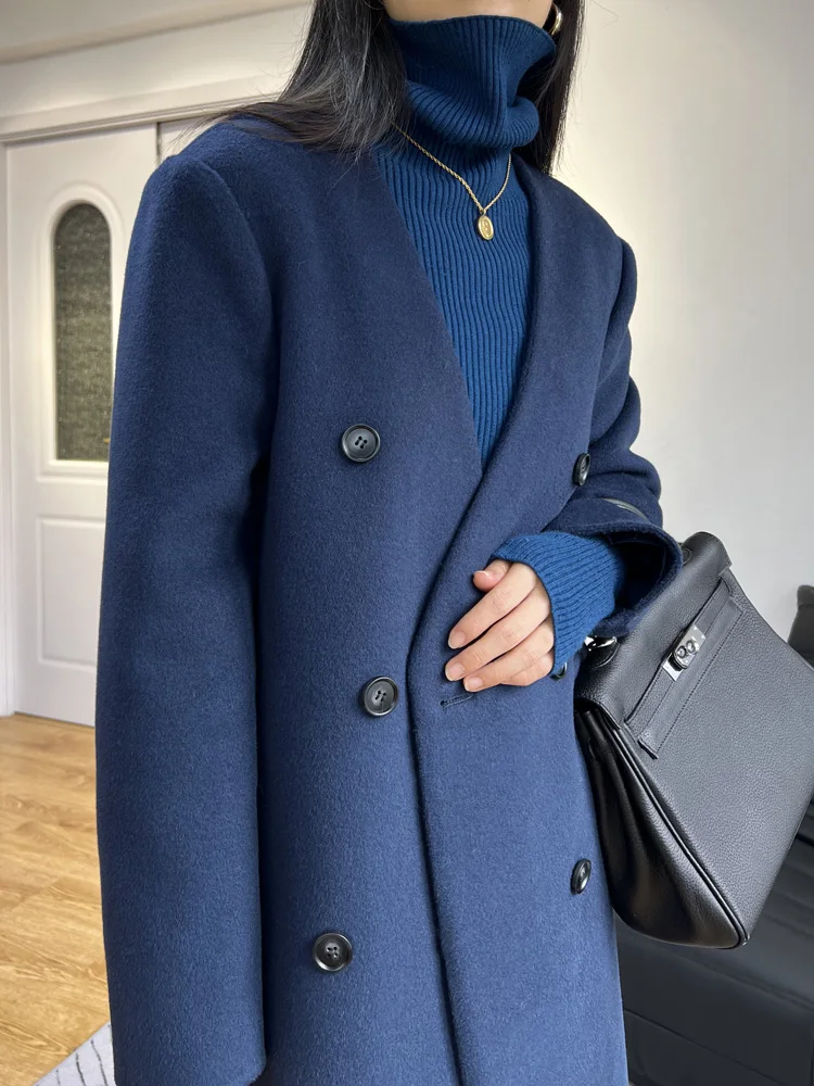 High-end Women Double-sided Wool Cashmere Coat Temperament V-neck Double-breasted Loose Long Woolen Coat Lady Fit Autumn Winter