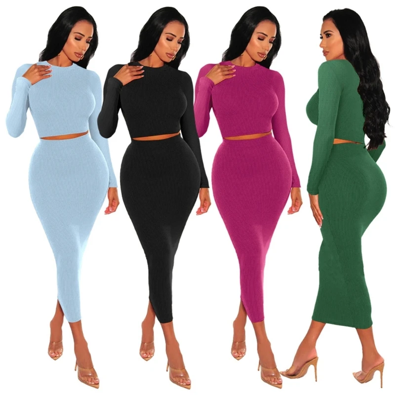

2 Piece Outfits Dress Set Knit Long Sleeve Crop Top and Maxi Bodycon Skirt Set