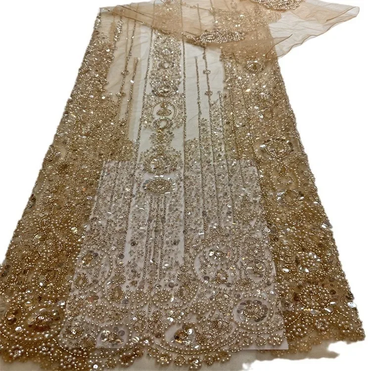 Champagne Gold Mesh Bottom Sequined Bead Tube Embroidery Fashion Wedding Dress Lace Fabric