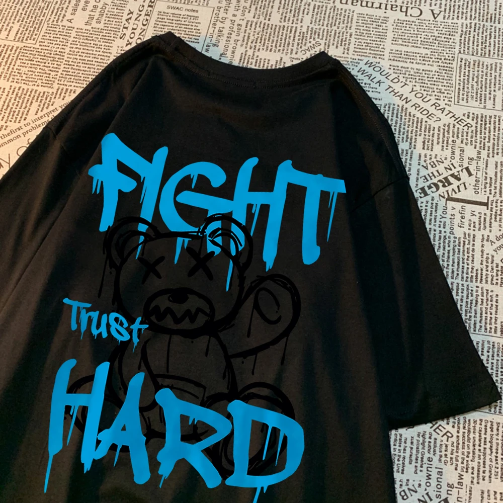 Fight Trust Hard Creative Letter Blue Bear T Shirt Men Fashion Breathable Shirts Breathable Summer Tee Clothes Oversize T-Shirt